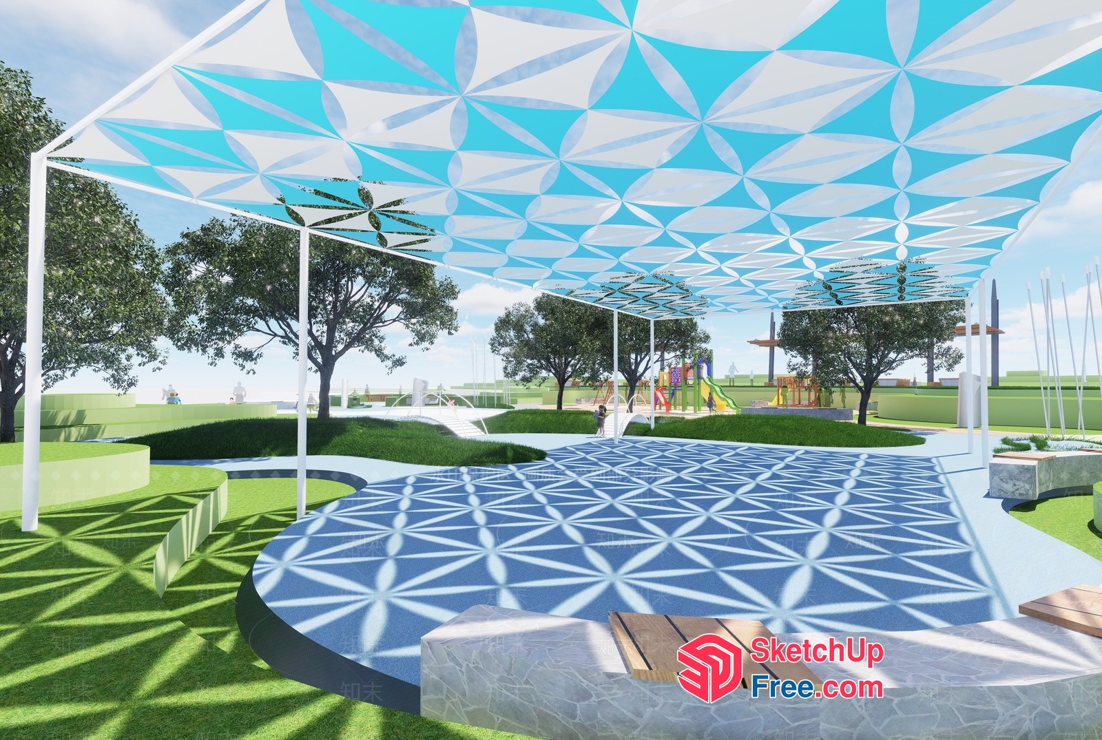 Outdoor Seating Area With Unique Roof Design 3D SketchUp File