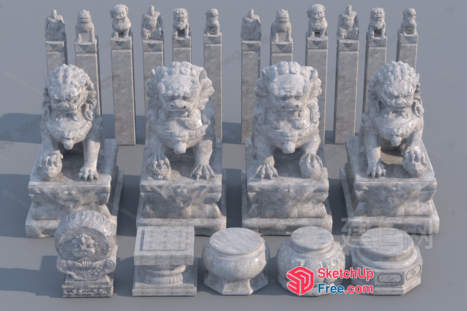 Ancient Chinese Stone Statues Of Lions And Pedestals 3D SketchUp File