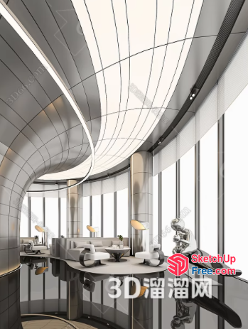 Sleek Modern Office Space With Curved Ceiling And Large Windows 3D SketchUp File