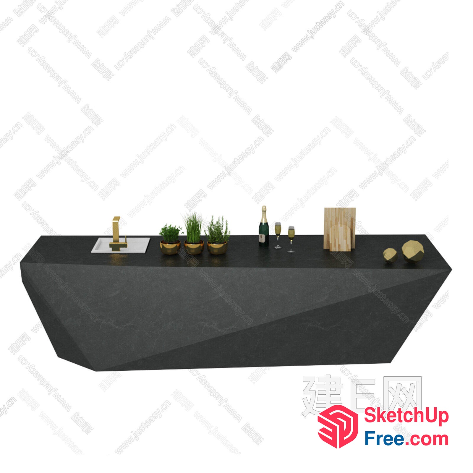 Modern Geometric Bar Counter With Unique Potted Plants 3D SketchUp File