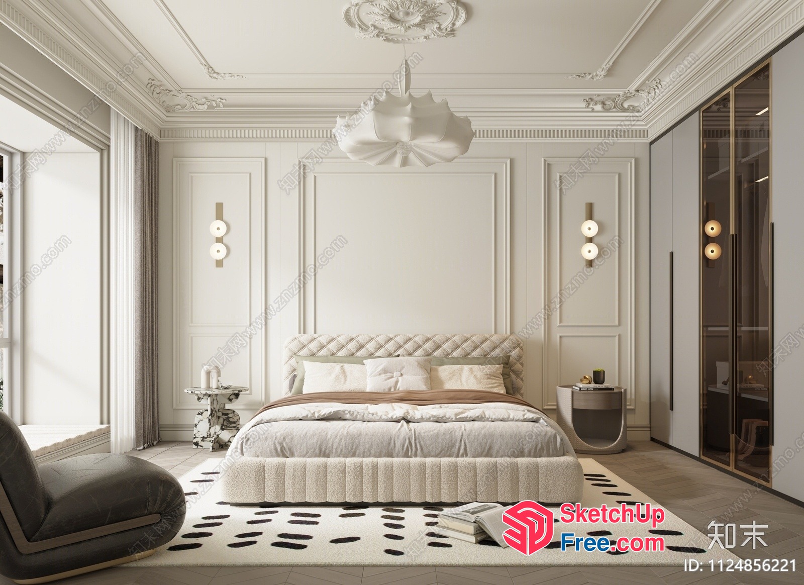 Elegant Creamy Style Bedroom Interior 3D SketchUp File