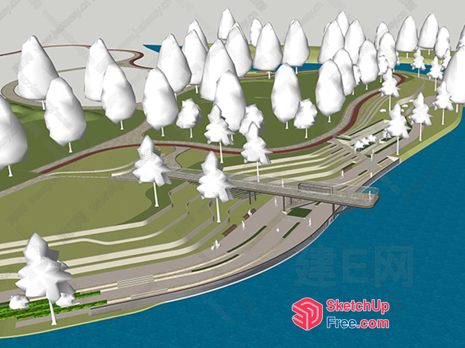 Serene Riverbank Park With Elegant Trees 3D SketchUp File