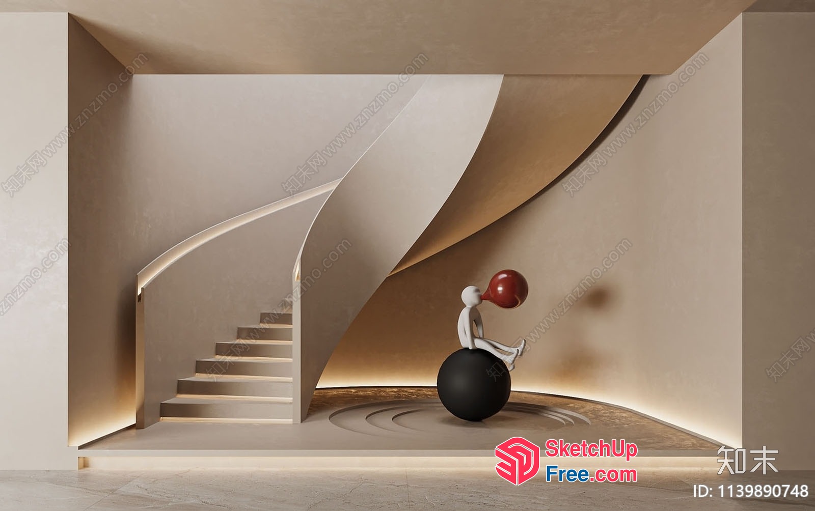 Staircase With A Unique Sculpture Of A Person Sitting On A Black Ball 3D SketchUp File