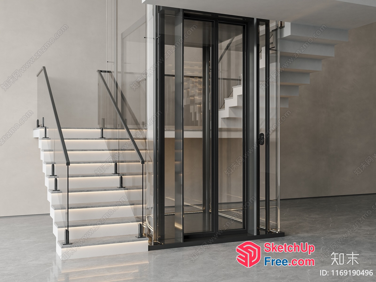 Elegant Modern Staircase And Elevator Combination 3D SketchUp File