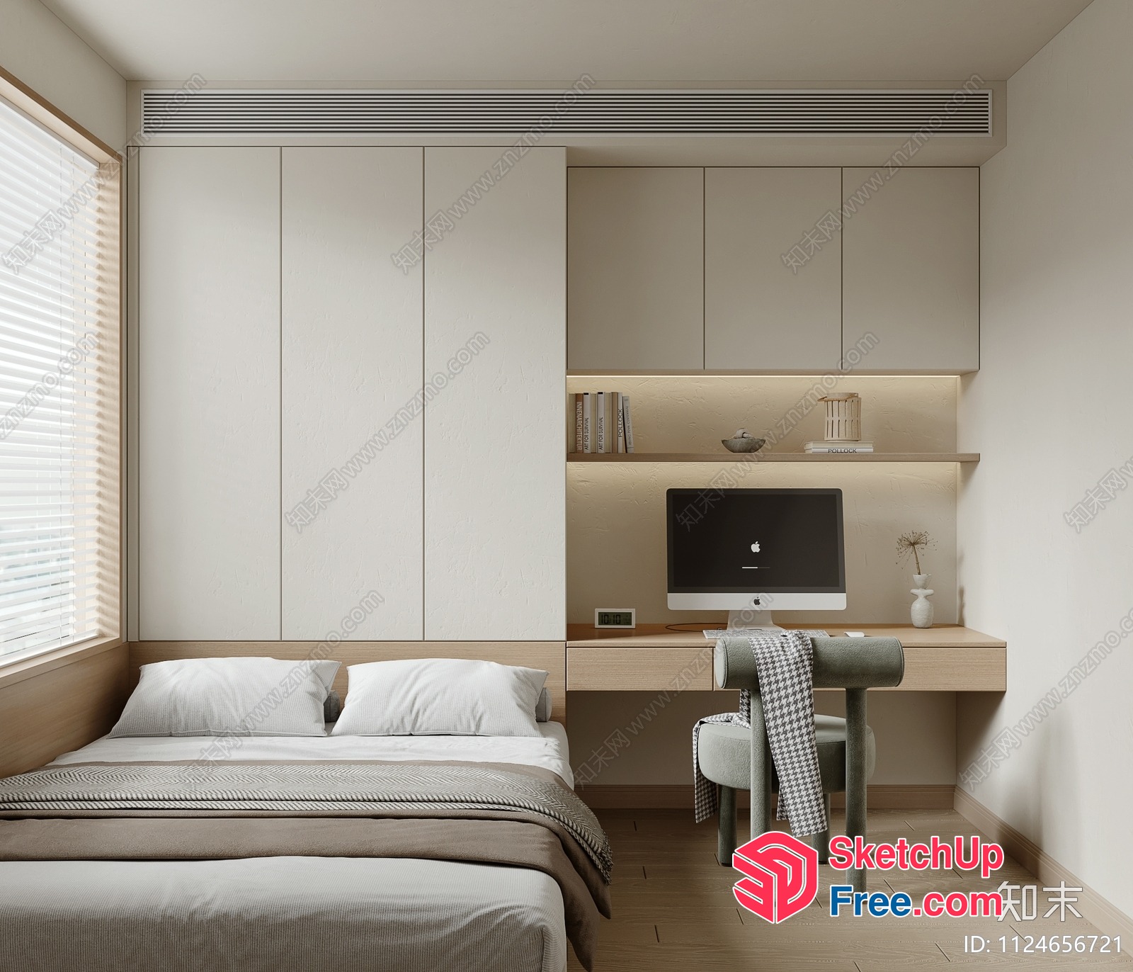 Minimalist Bedroom With Built-In Shelves And Desk 3D SketchUp File