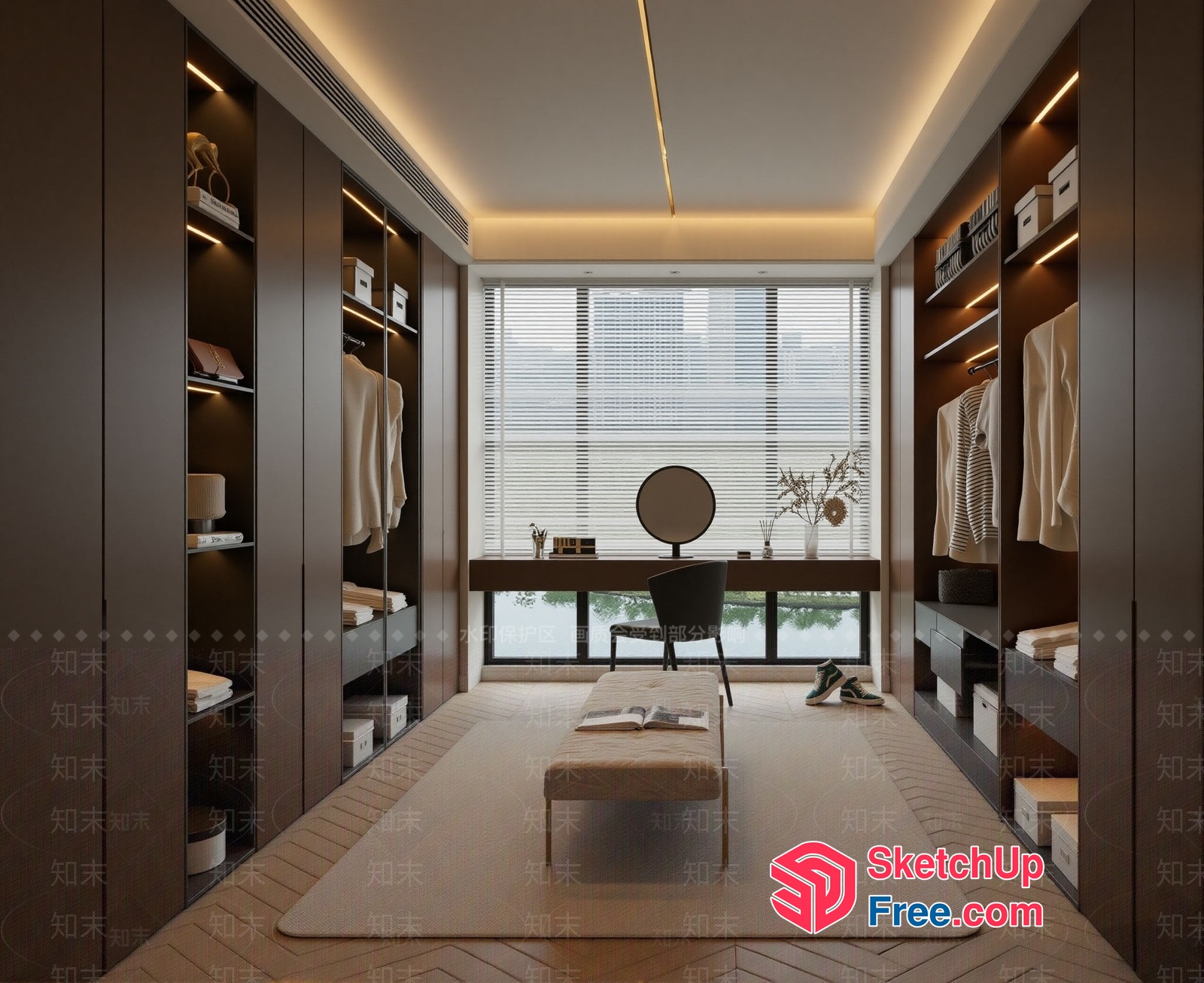 Modern Minimalist Walk-In Closet With Dressing Area 3D SketchUp File