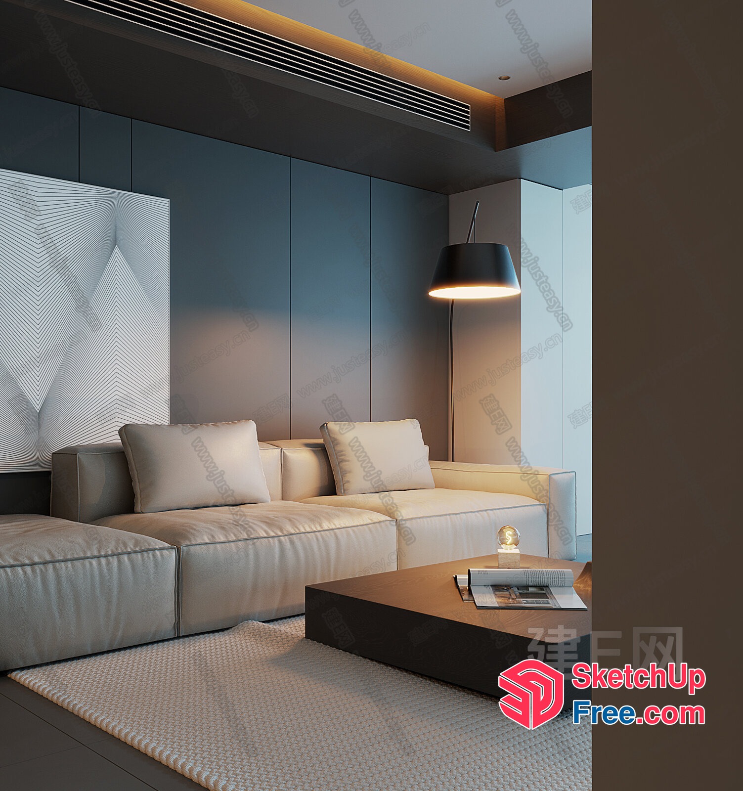 Modern Minimalist Living Room With Creamy Style Sofa 3D SketchUp File