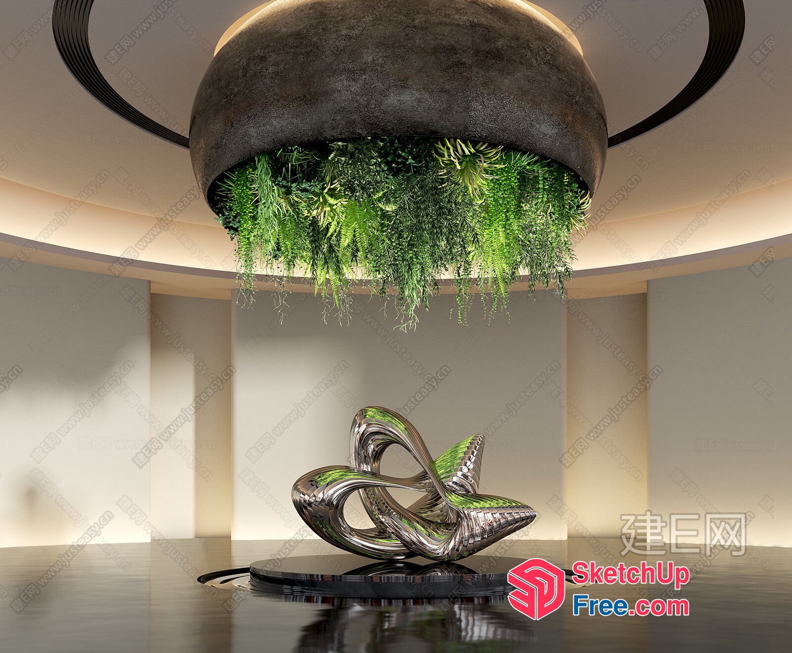 Modern Art Installation With Hanging Plant And Metallic Sculpture 3D SketchUp File
