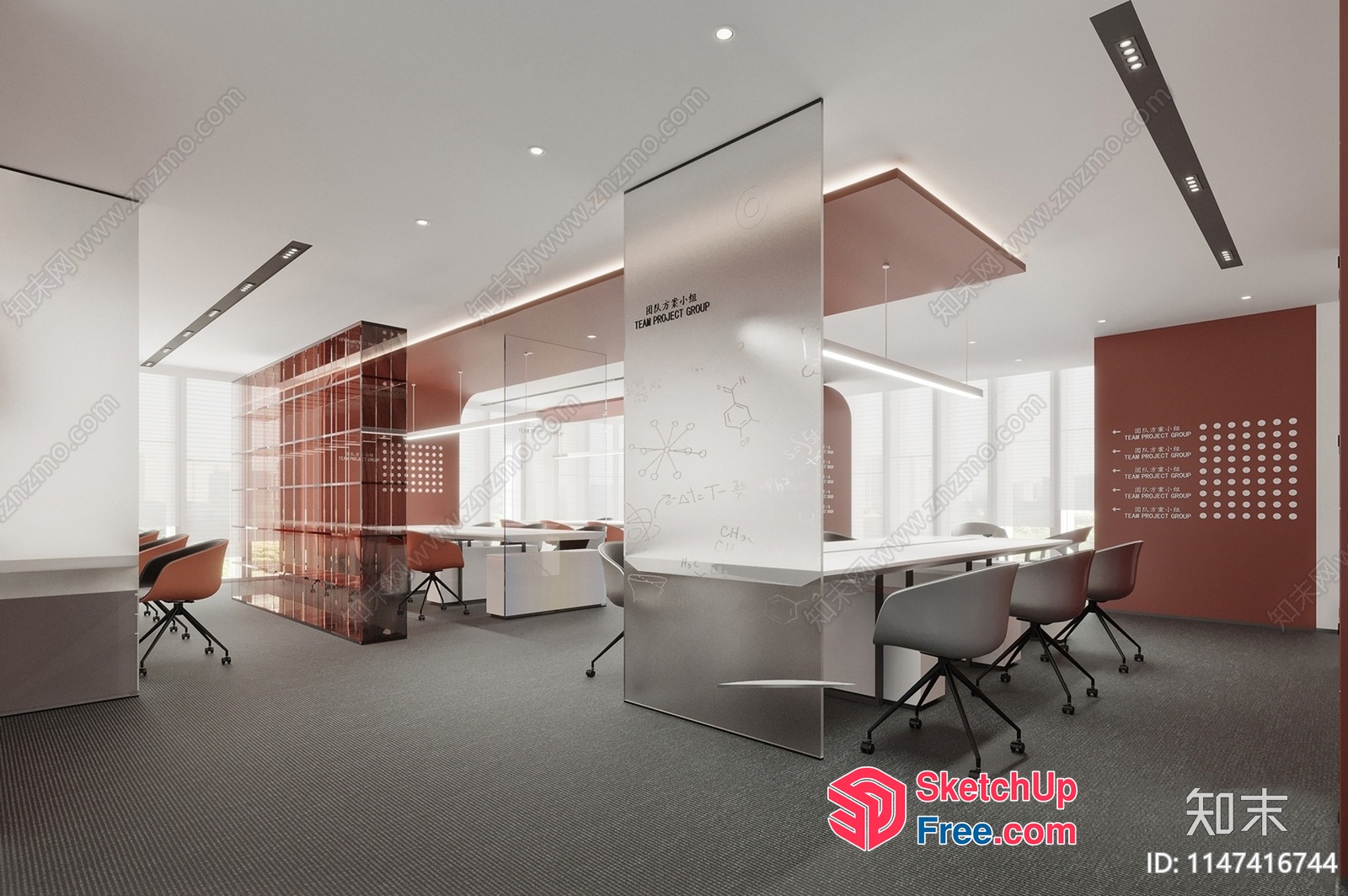 Modern Office Interior With Glass Partition And White Furniture 3D SketchUp File