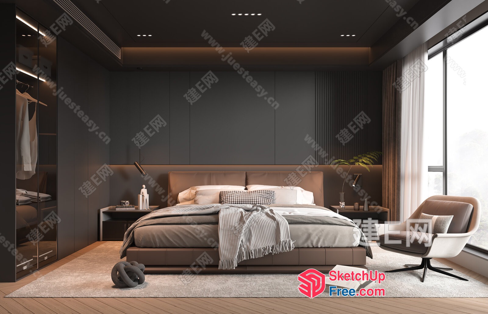 Modern Minimalist Bedroom With Bed And Bedside Table 3D SketchUp File