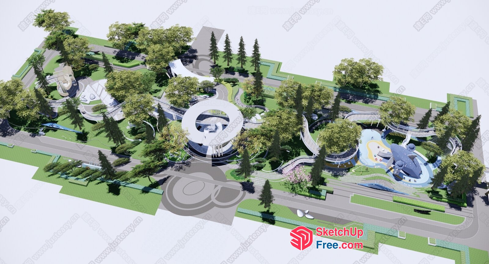 Aerial View Of A Serene Park With Lush Trees And A Swimming Pool 3D SketchUp File