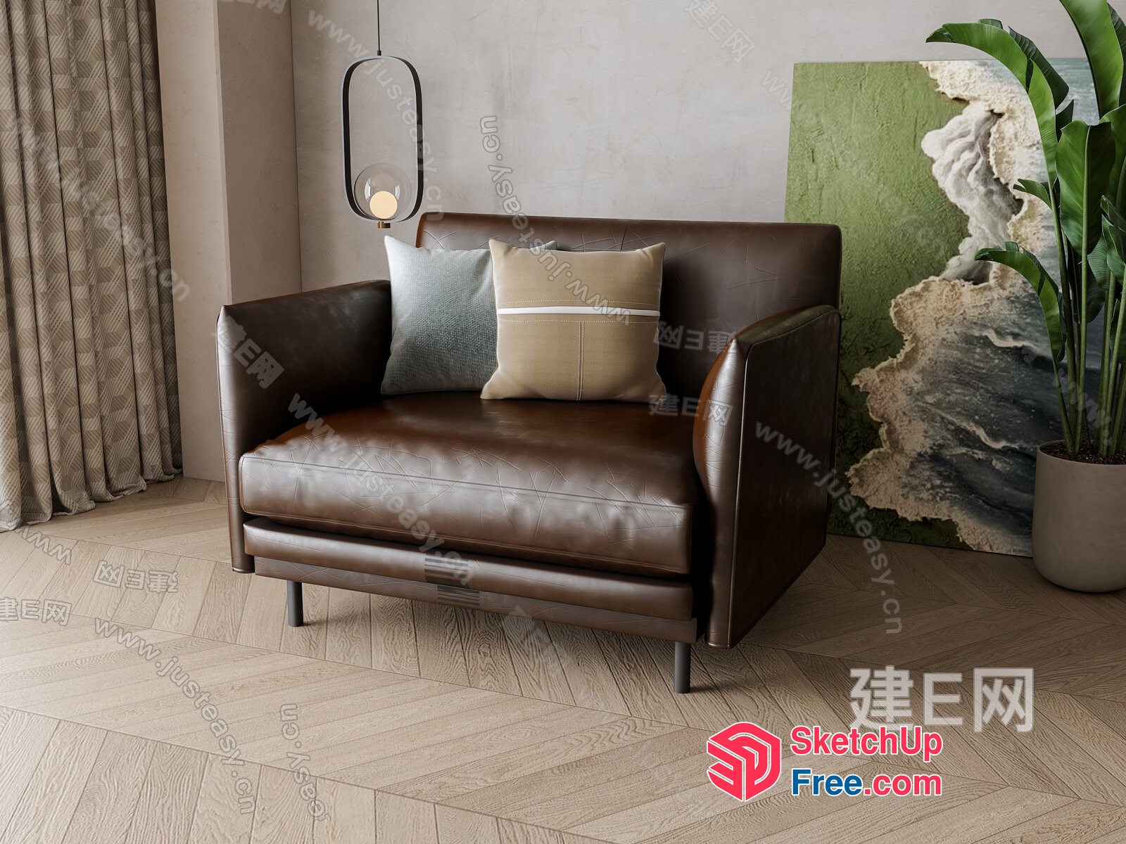 Stylish Modern Sofa With Pillows And Hanging Light 3D SketchUp File