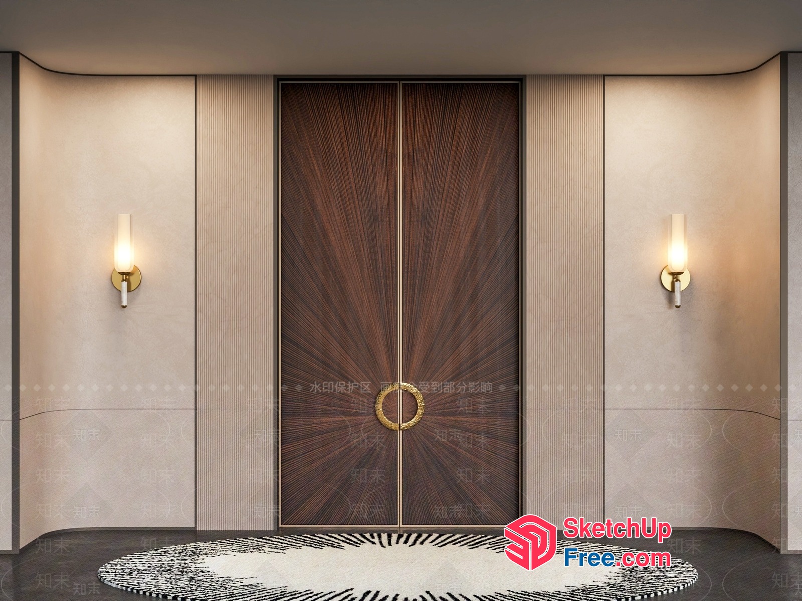 Elegant Entrance Door With Sunburst Design And Brass Hardware 3D SketchUp File