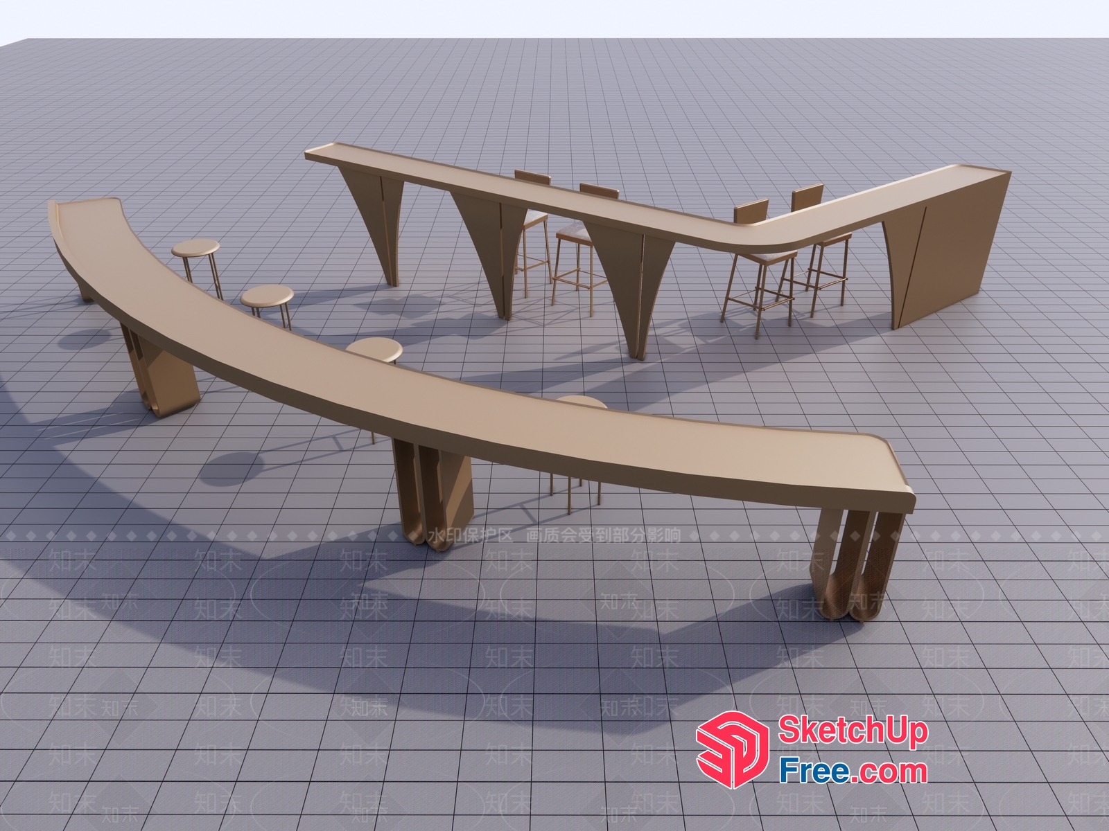 Modern Bar Counter With Stools And Long Tables 3D SketchUp File