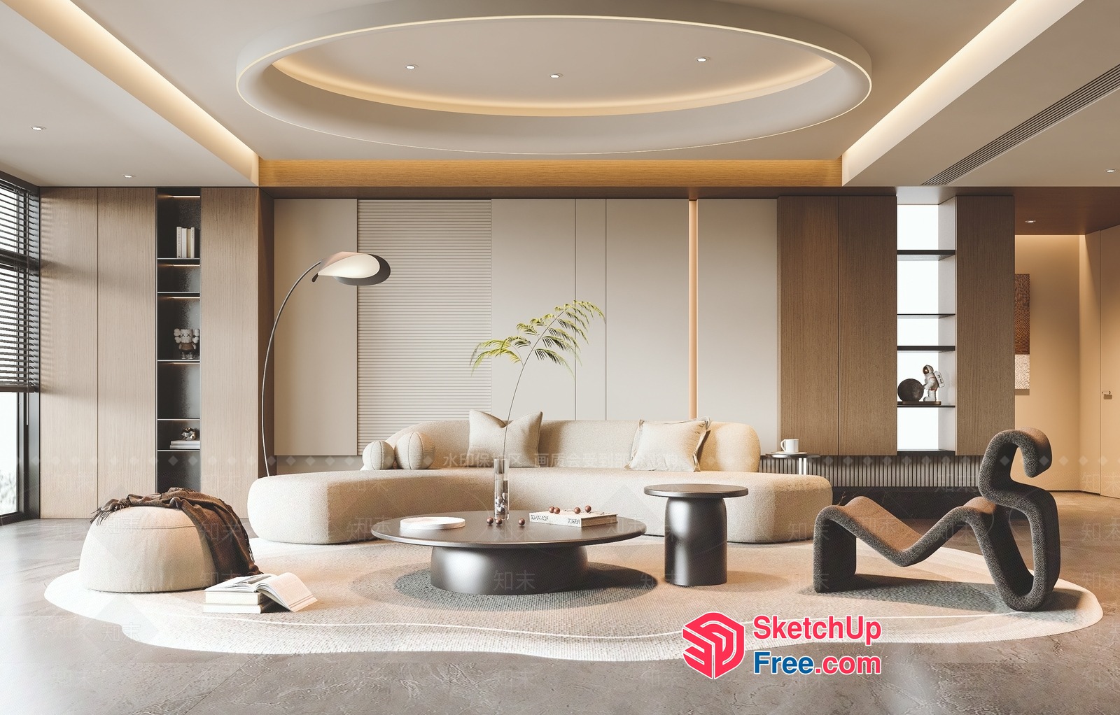Modern Minimalist Living Room With Curved Furniture And Ceiling 3D SketchUp File