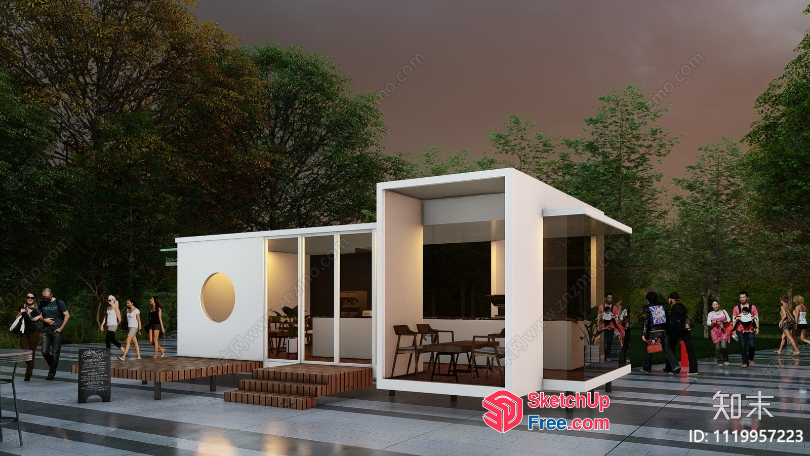 Modern White Building Exterior With People Walking 3D SketchUp File