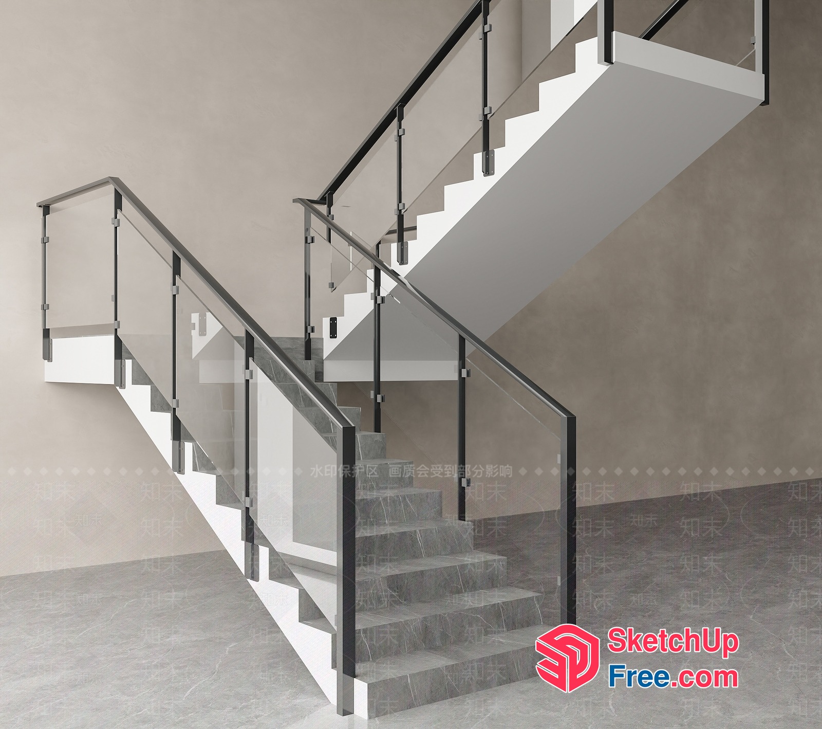 Modern Glass And Steel Staircase With Railing 3D SketchUp File