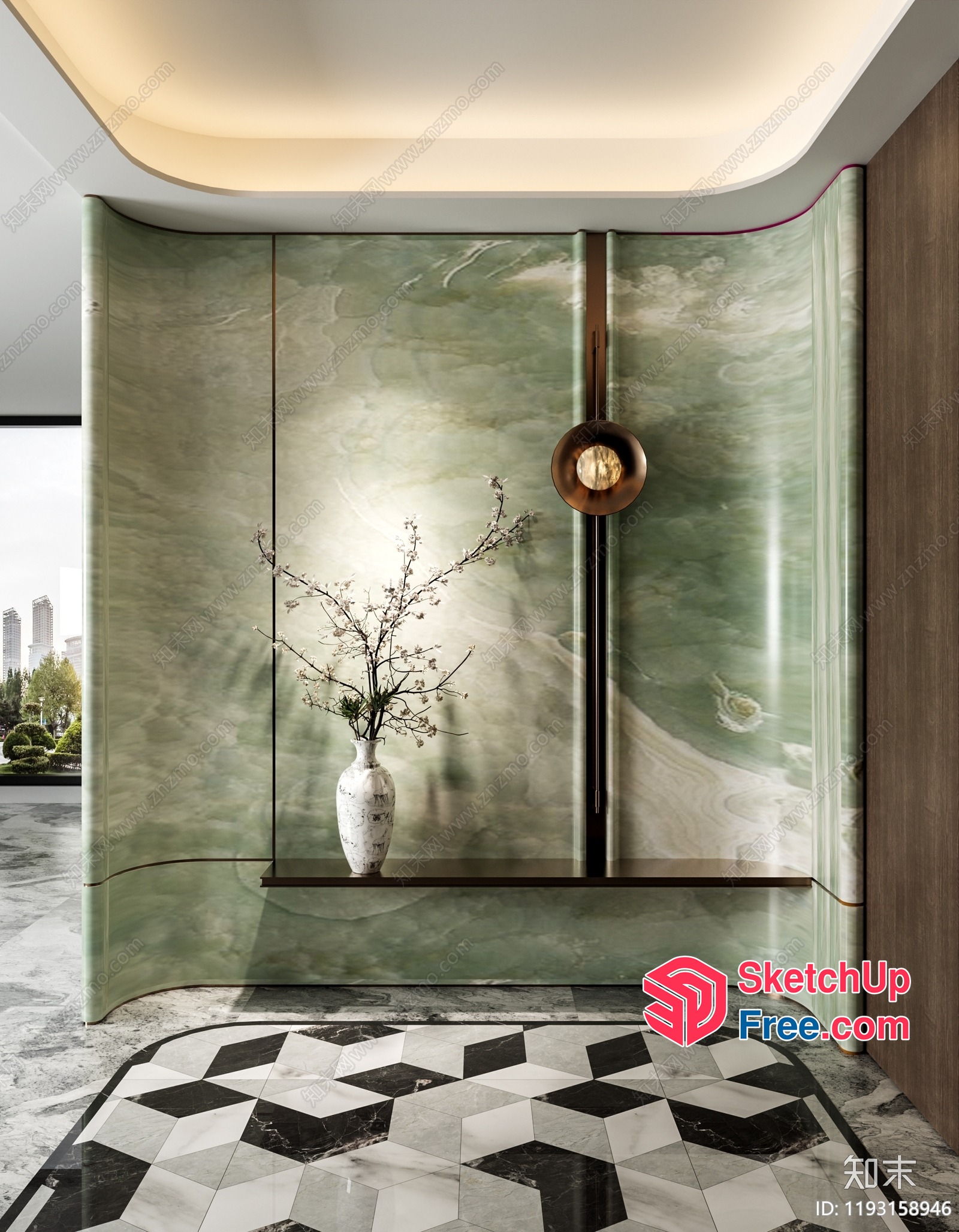 Elegant Modern Interior Design With Green Marble And Vase 3D SketchUp File