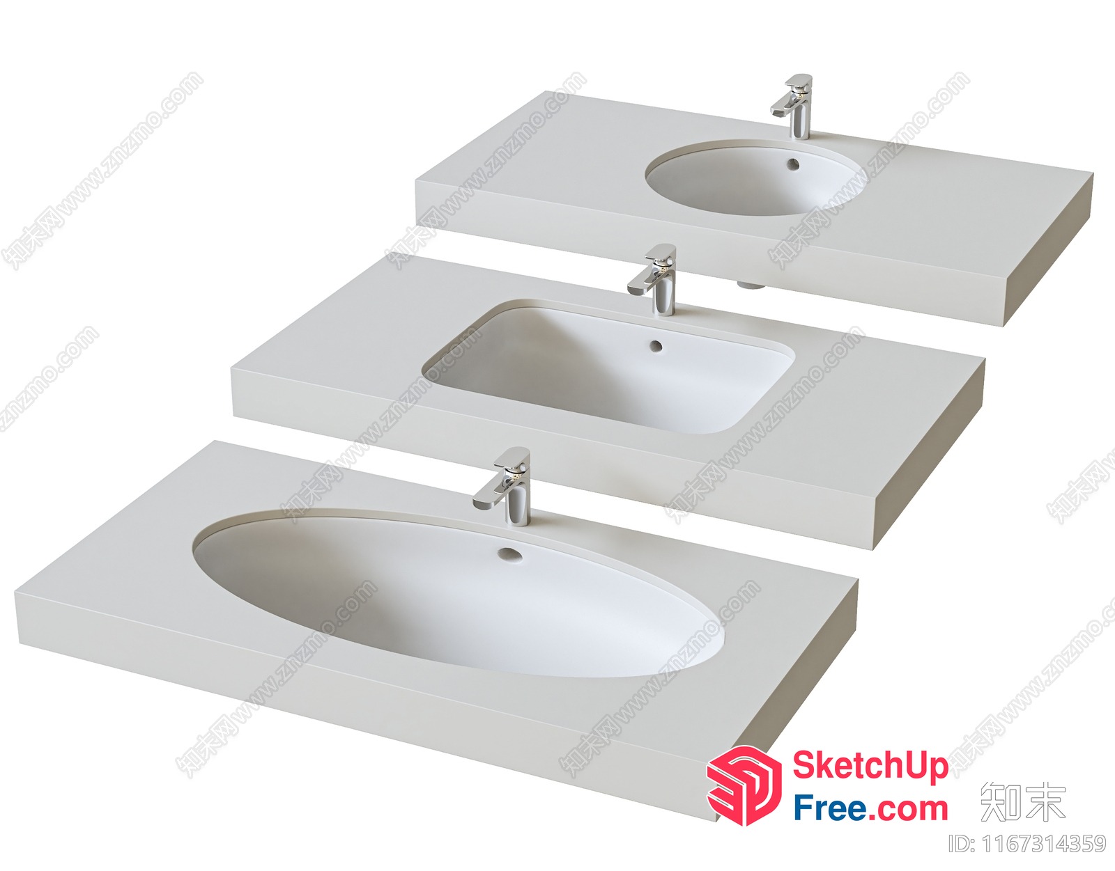 Three White Bathroom Sinks With Faucets 3D SketchUp File