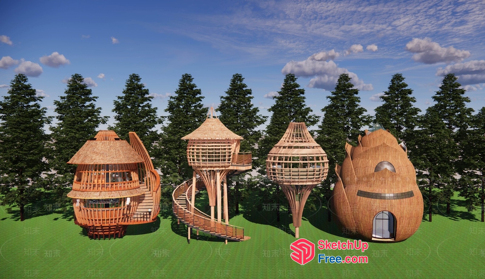 Unique Treehouse Designs With Thatched Roofs 3D SketchUp File
