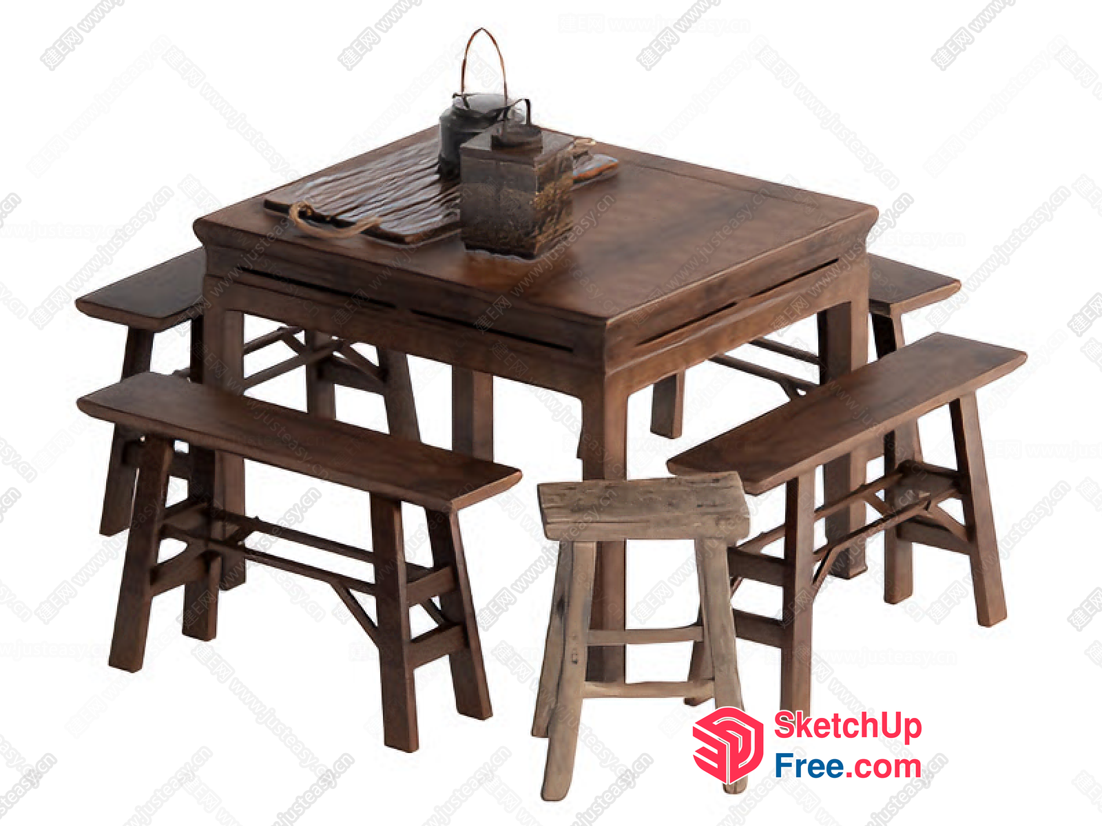 Rustic Wooden Table And Benches 3D SketchUp File