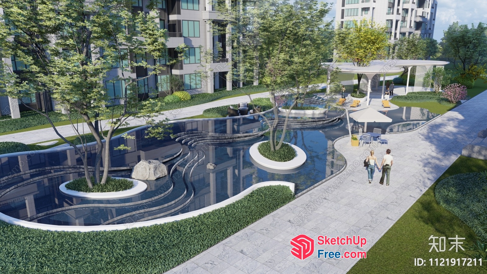 Modern Apartment Building Exterior With Serene Water Feature 3D SketchUp File