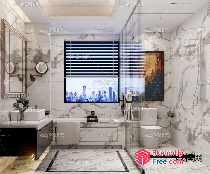 Modern Bathroom With Marble Accents And City View 3D SketchUp File