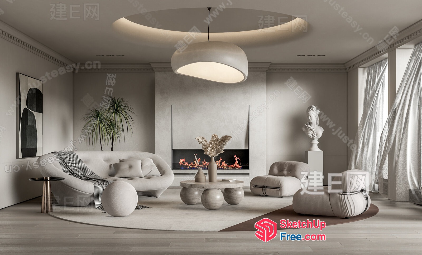 Elegant Modern Living Room With Unique Furniture And Fireplace 3D SketchUp File