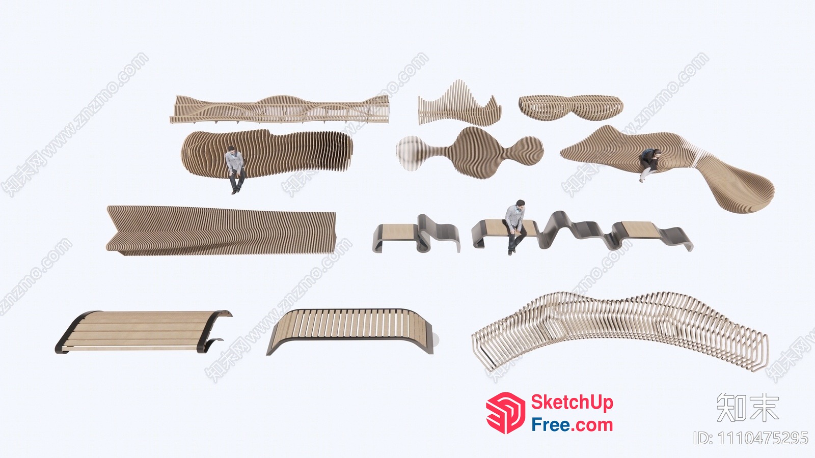 Curved Wooden Benches For Outdoor Seating 3D SketchUp File