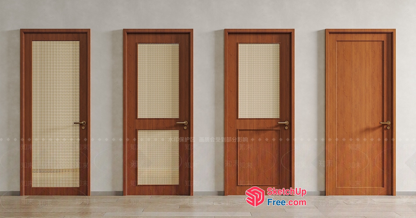 Four Wooden Doors With Rattan Panels And Brass Handles 3D SketchUp File