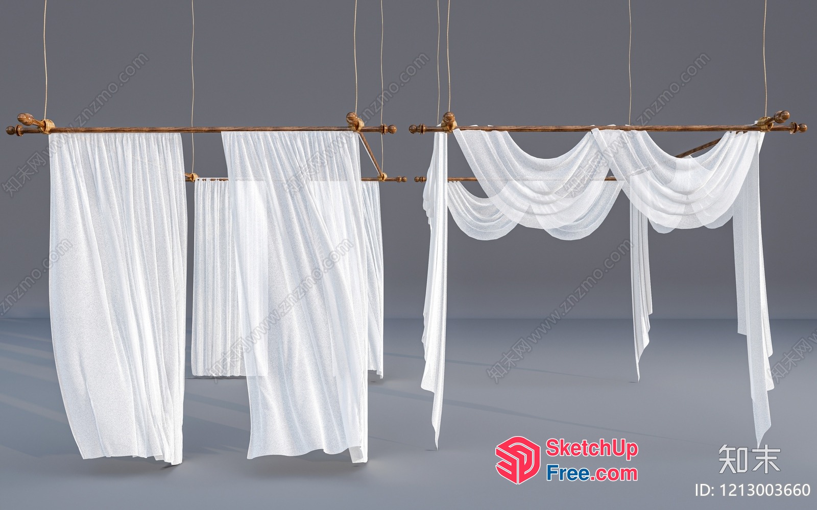 Hanging White Curtains On A Wooden Rod 3D SketchUp File