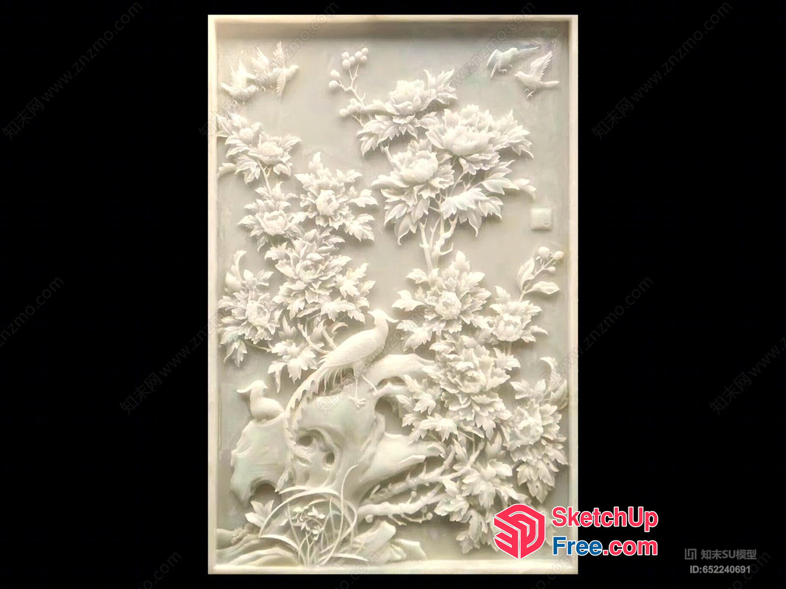 Carved White Stone Wall Panel With Floral And Bird Design 3D SketchUp File