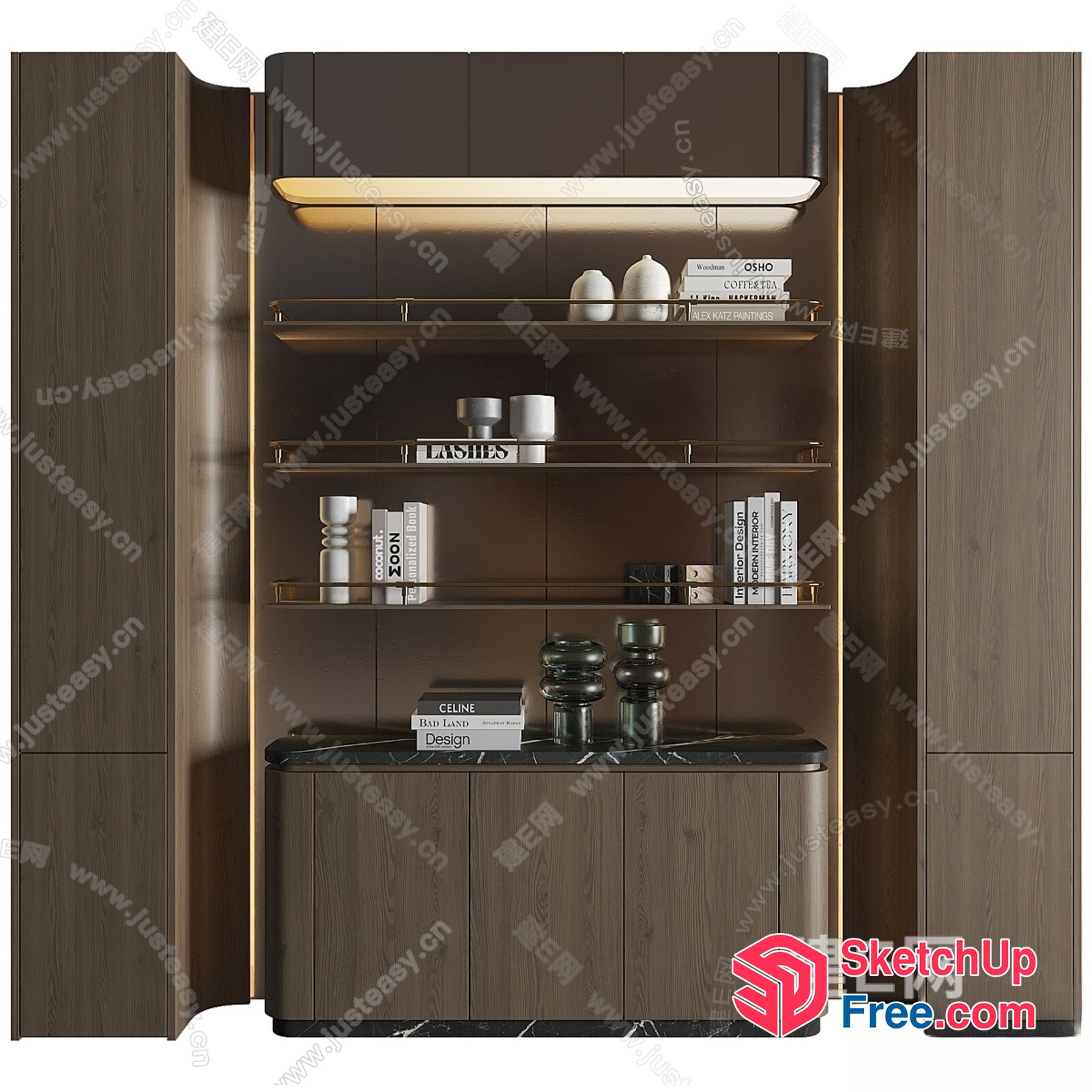 Modern Brown Shelf Unit With Glass Shelves And Decor 3D SketchUp File