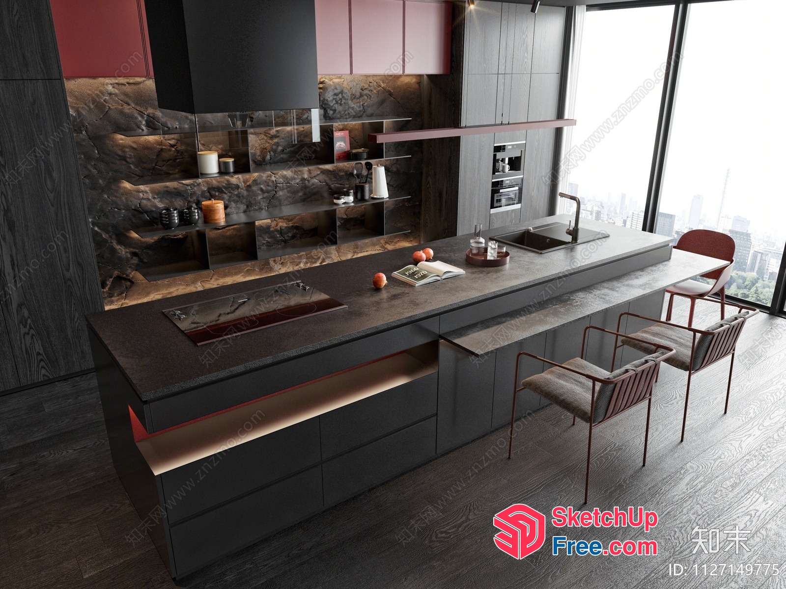 Modern Minimalist Kitchen Island With Built-In Appliances 3D SketchUp File