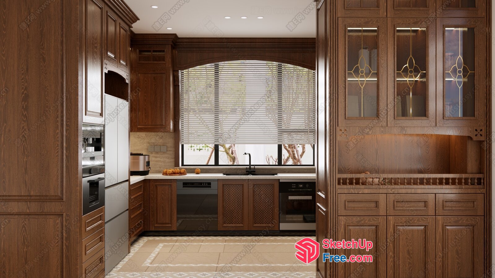 Elegant Wood-Paneled Kitchen With Stainless Steel Appliances 3D SketchUp File