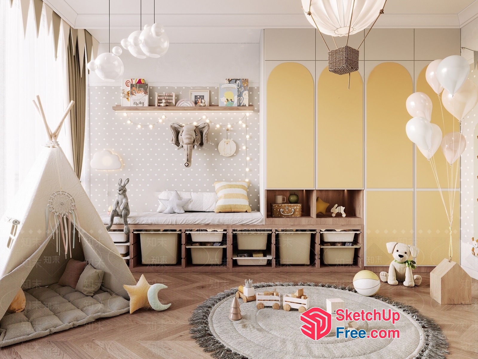 Dreamy White And Yellow Kids' Playroom 3D SketchUp File