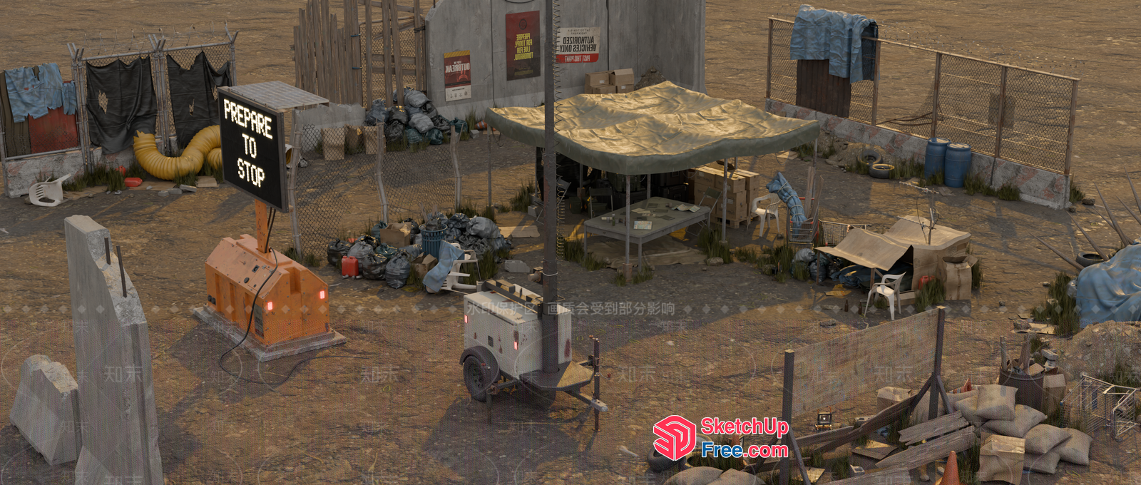 Abandoned Construction Site With Warning Sign 3D SketchUp File