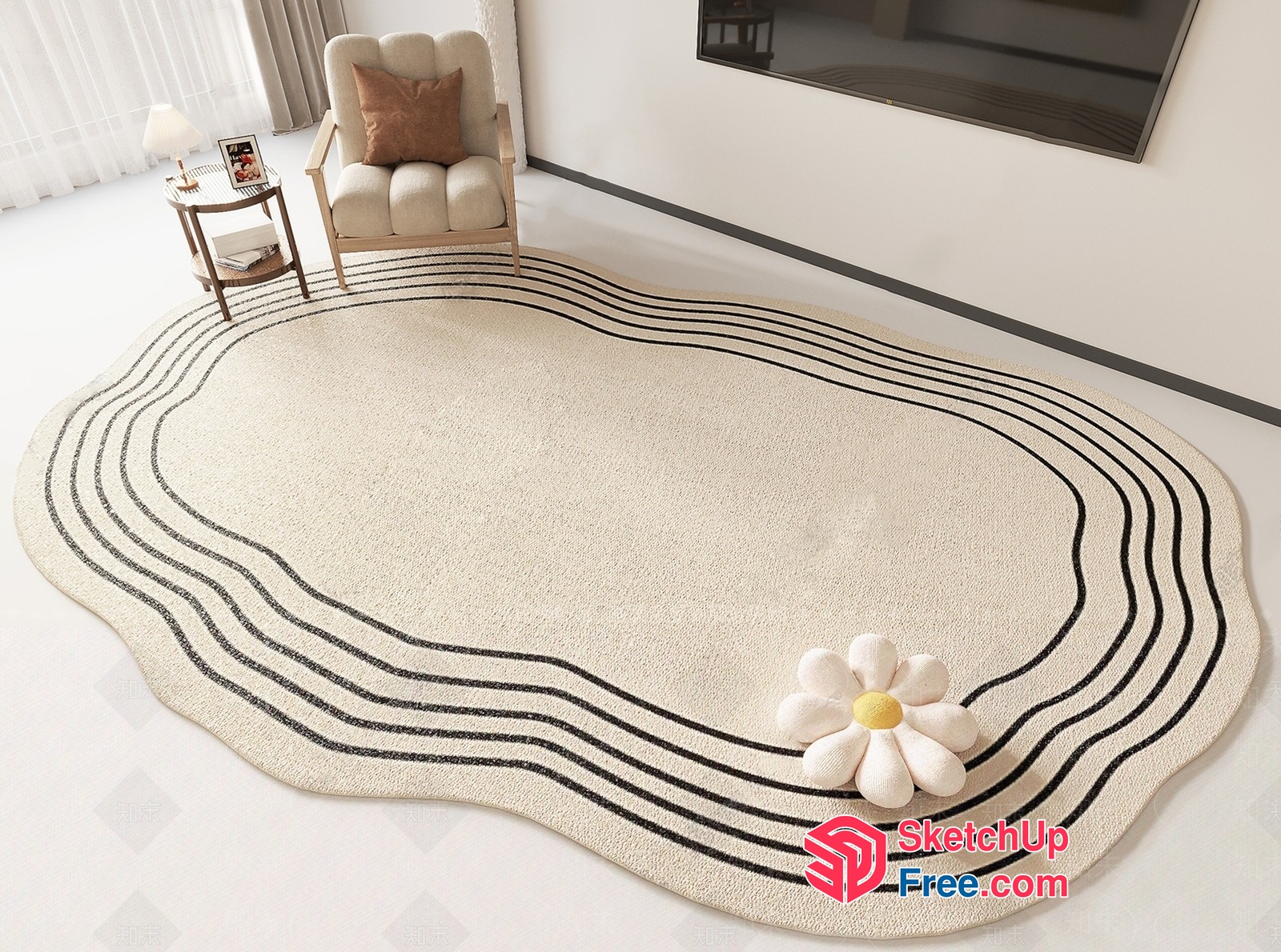 Elegant Creamy Floral Patterned Rug 3D SketchUp File