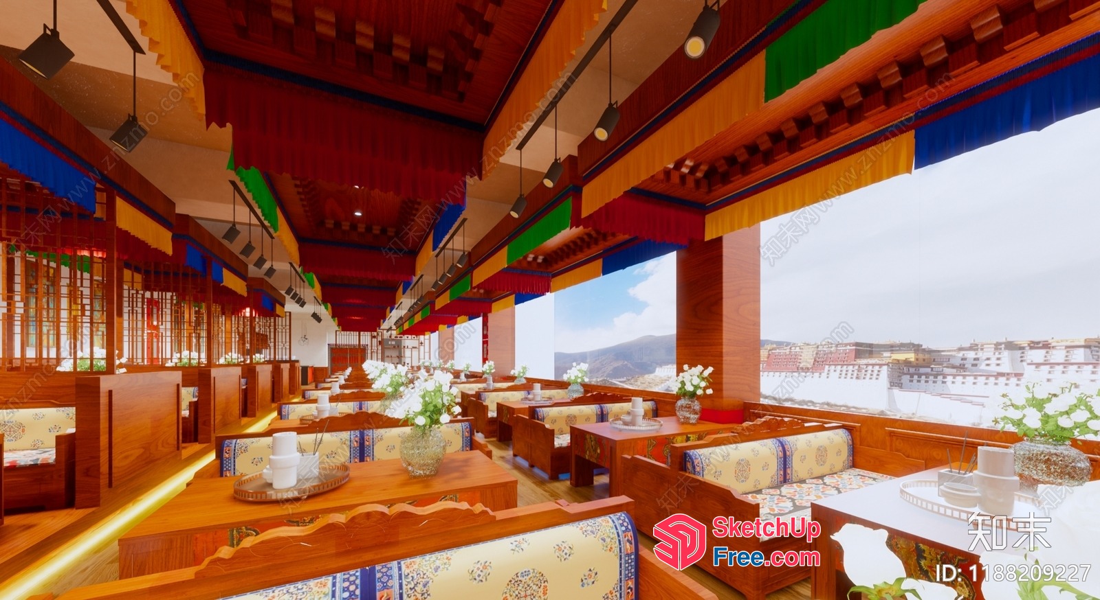 Traditional Tibetan-Inspired Dining Space With Ornate Woodwork 3D SketchUp File