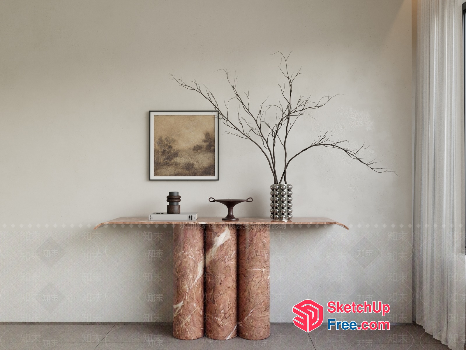 Elegant Console Table With Marble Legs And Decorative Vases 3D SketchUp File