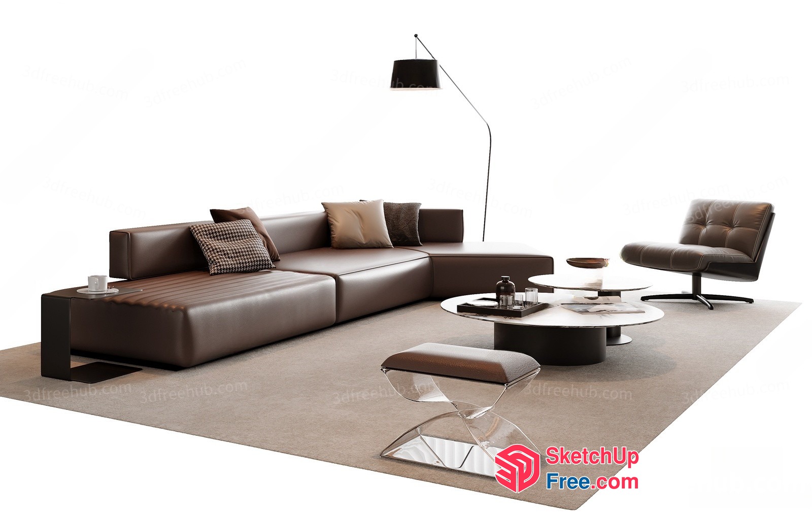 Modern Brown Leather Sofa With Pillows And Coffee Tables 3D SketchUp File