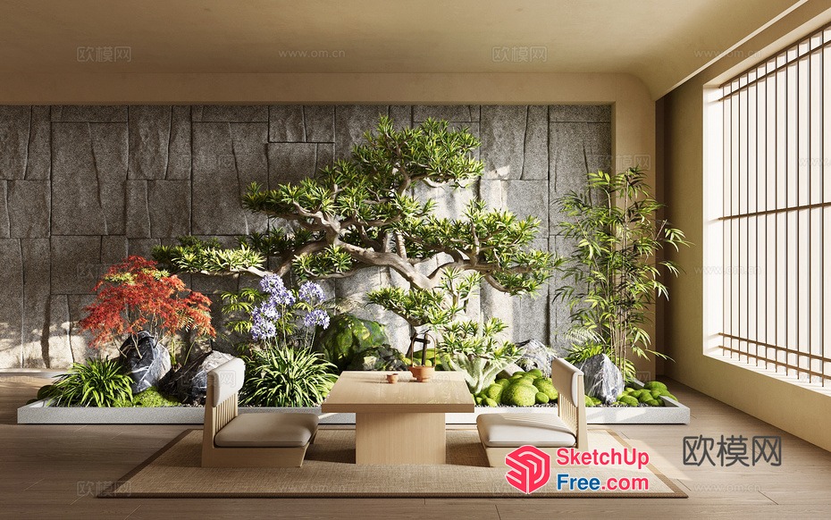 Elegant Japanese Style Living Room With Natural Stone Wall And Garden 3D SketchUp File