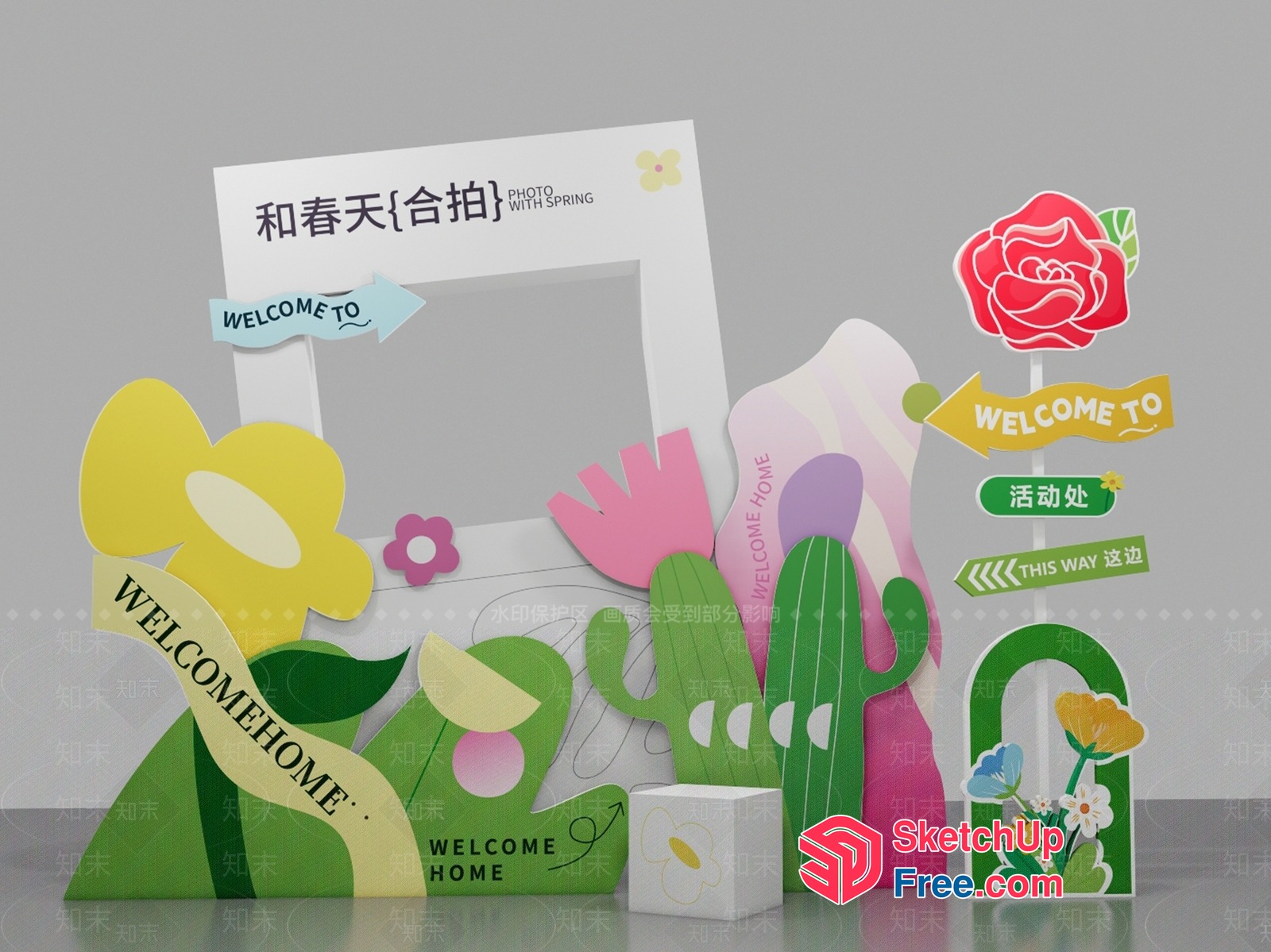 Colorful Welcome Sign With Floral Accents 3D SketchUp File