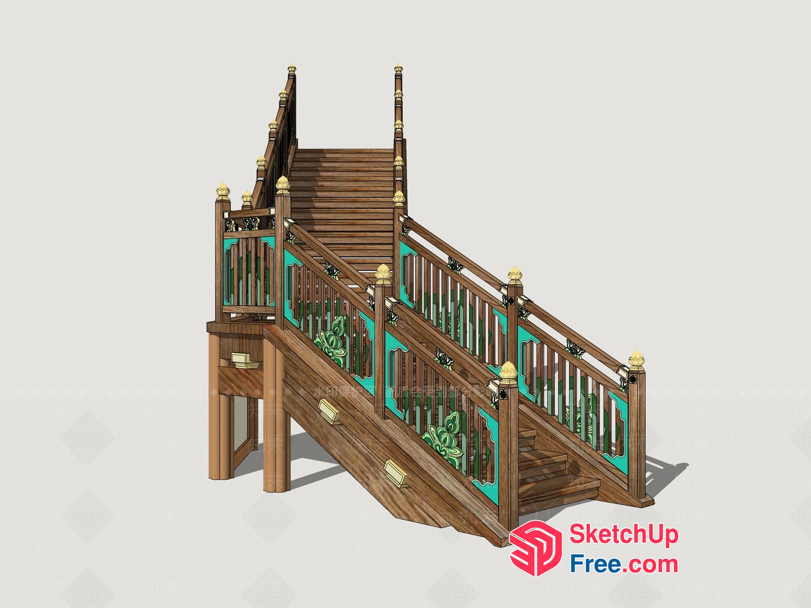 Ornate Wooden Staircase With Intricate Railings 3D SketchUp File
