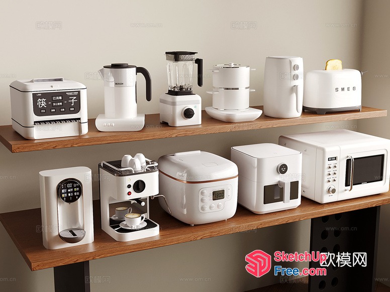 Modern Kitchen Appliances Displayed On Wooden Shelves 3D SketchUp File