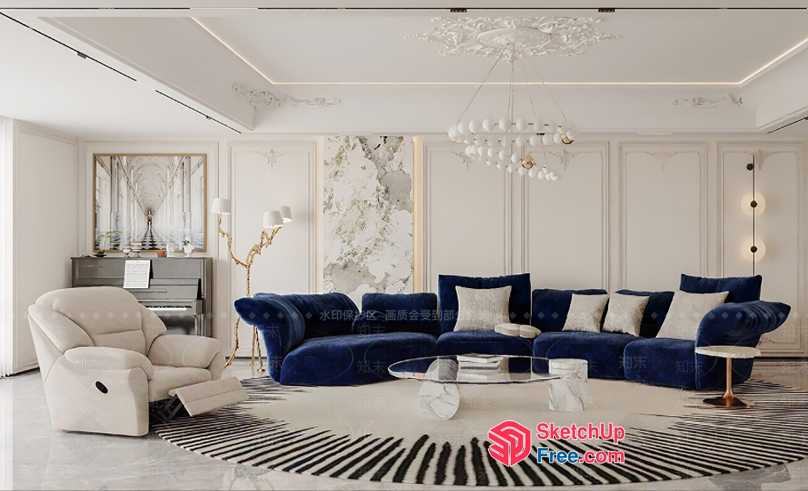 Elegant Modern Living Room With Marble Accent 3D SketchUp File