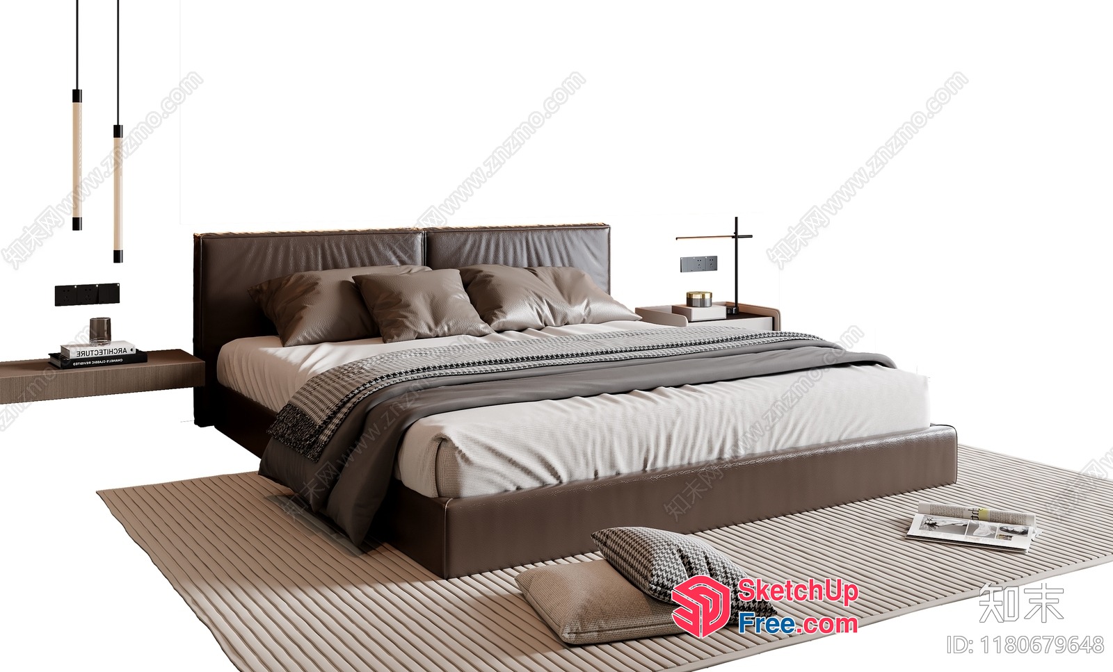 Modern Brown Leather Bed And Bedside Tables 3D SketchUp File
