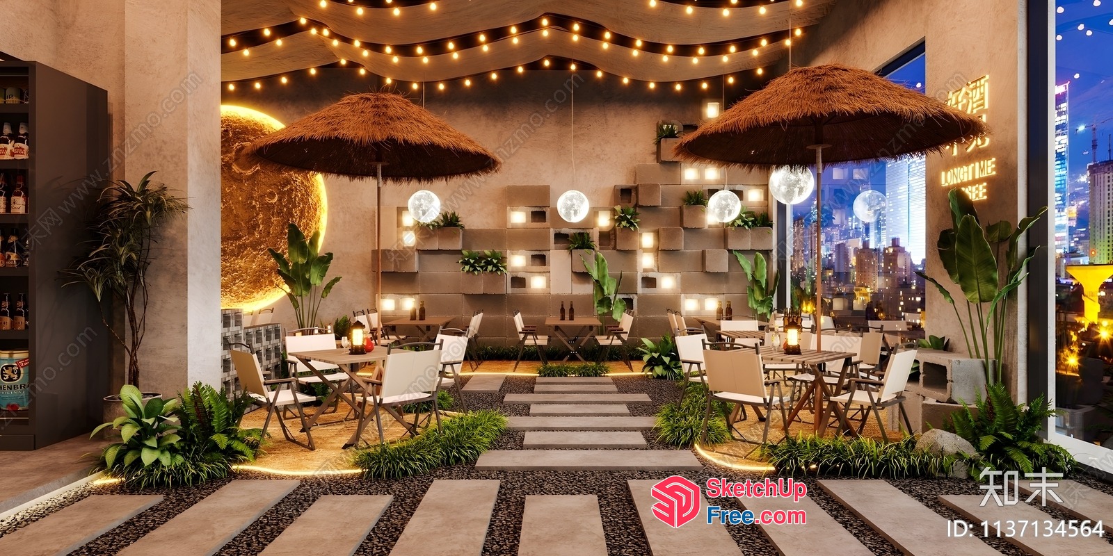 Outdoor Dining Area With Thatched Umbrellas And Modern Decor 3D SketchUp File
