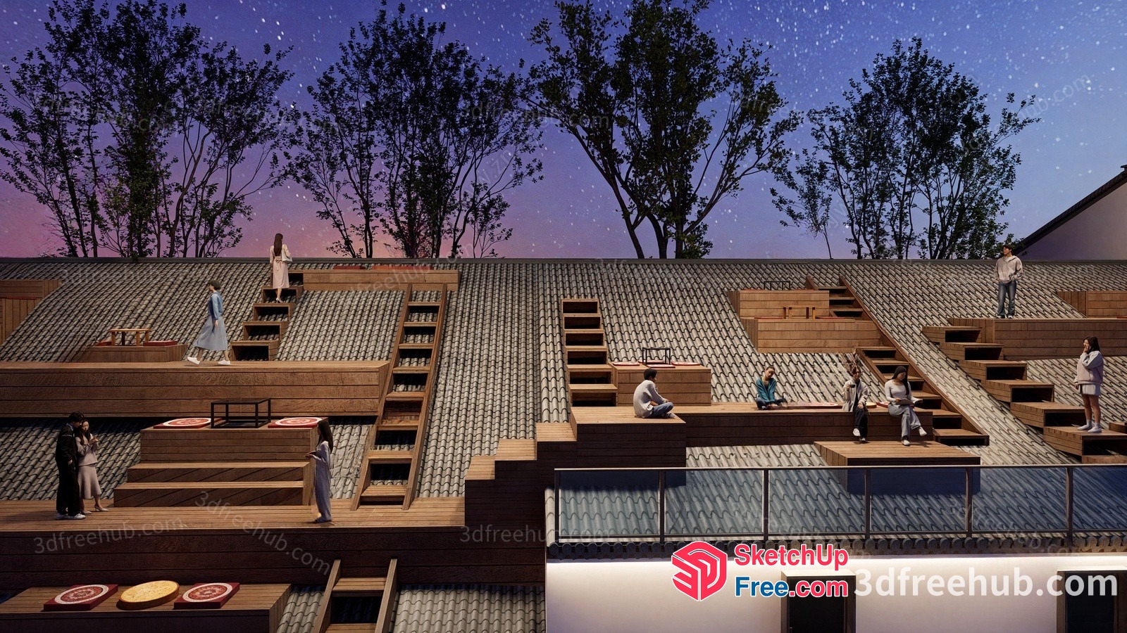 Rooftop Deck With Stairs And Tables 3D SketchUp File