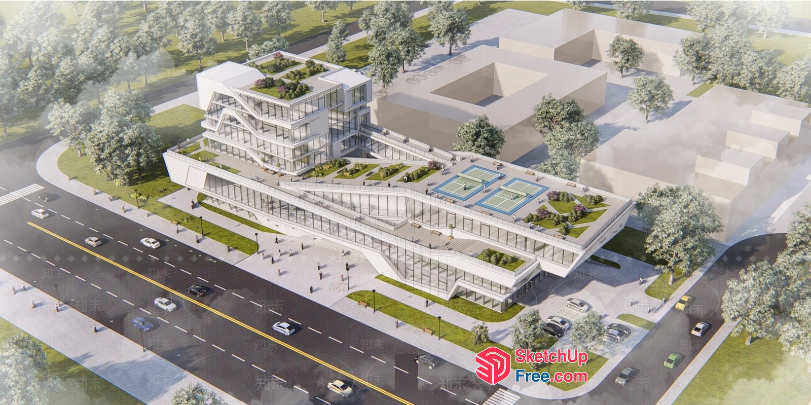Modern Commercial Building With Glass Curtain Wall And Tennis Court 3D SketchUp File